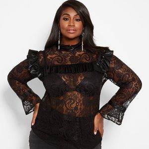Plus size Lace top with Faux Leather Trim